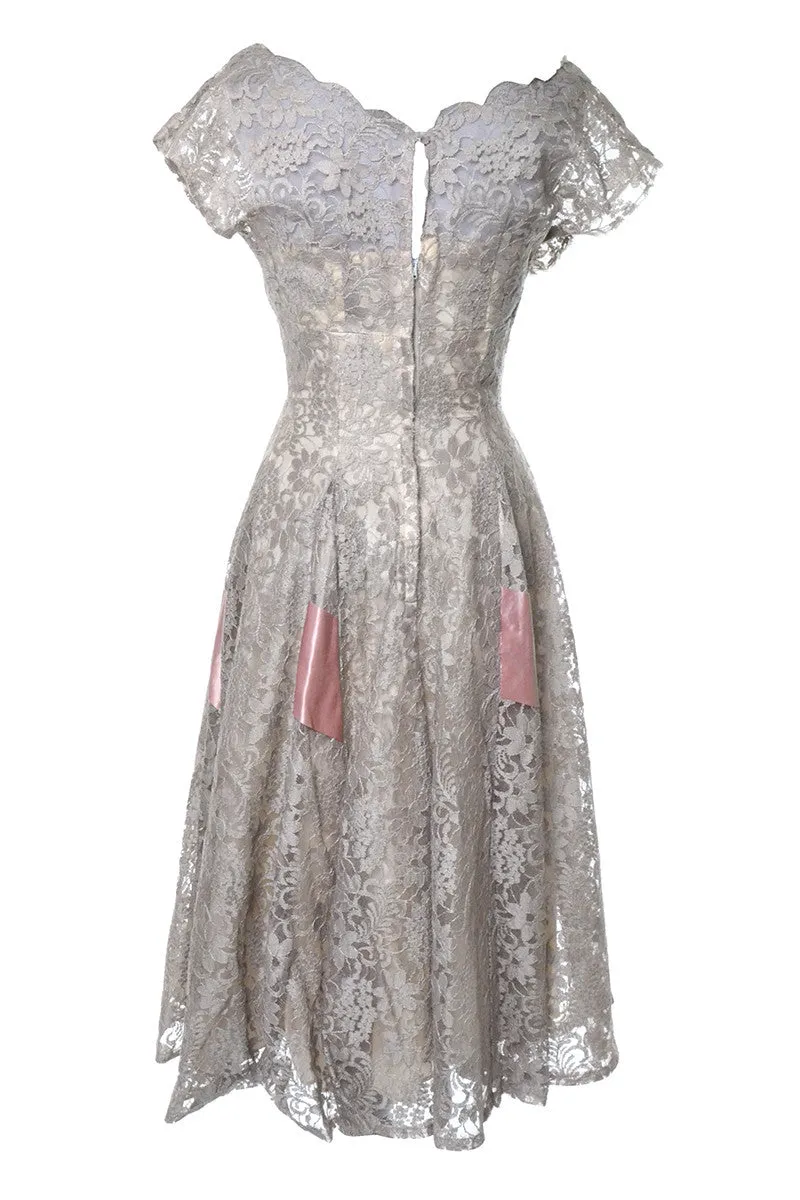 1950's Taupe Illusion Lace Bodice With Nude Silk Lining and Pink Ribbon Details Size 6