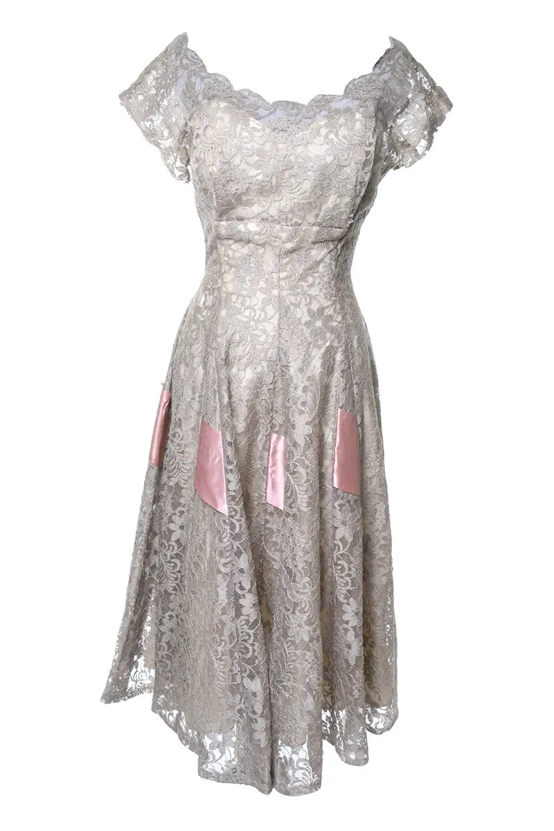 1950's Taupe Illusion Lace Bodice With Nude Silk Lining and Pink Ribbon Details Size 6
