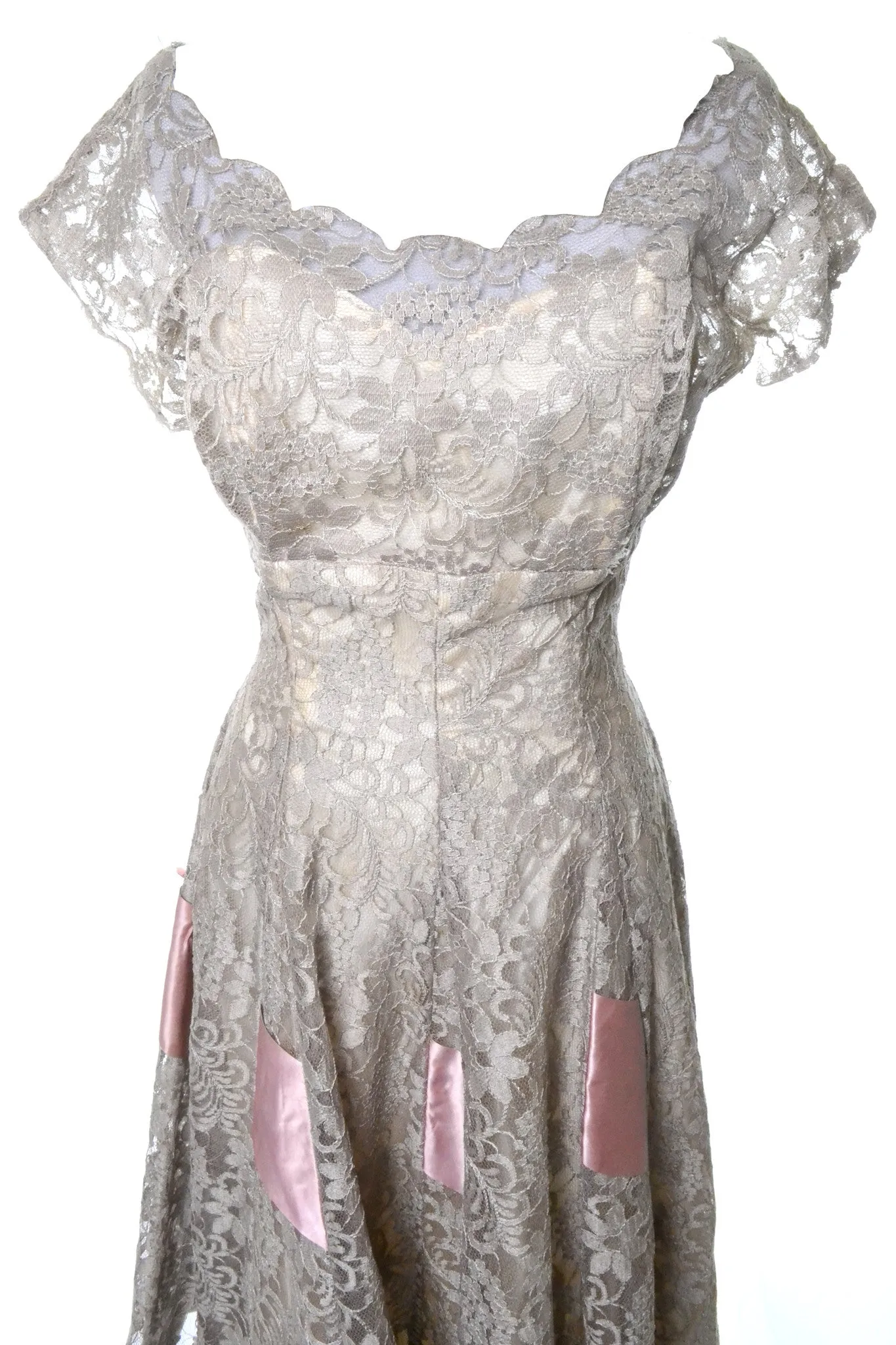 1950's Taupe Illusion Lace Bodice With Nude Silk Lining and Pink Ribbon Details Size 6