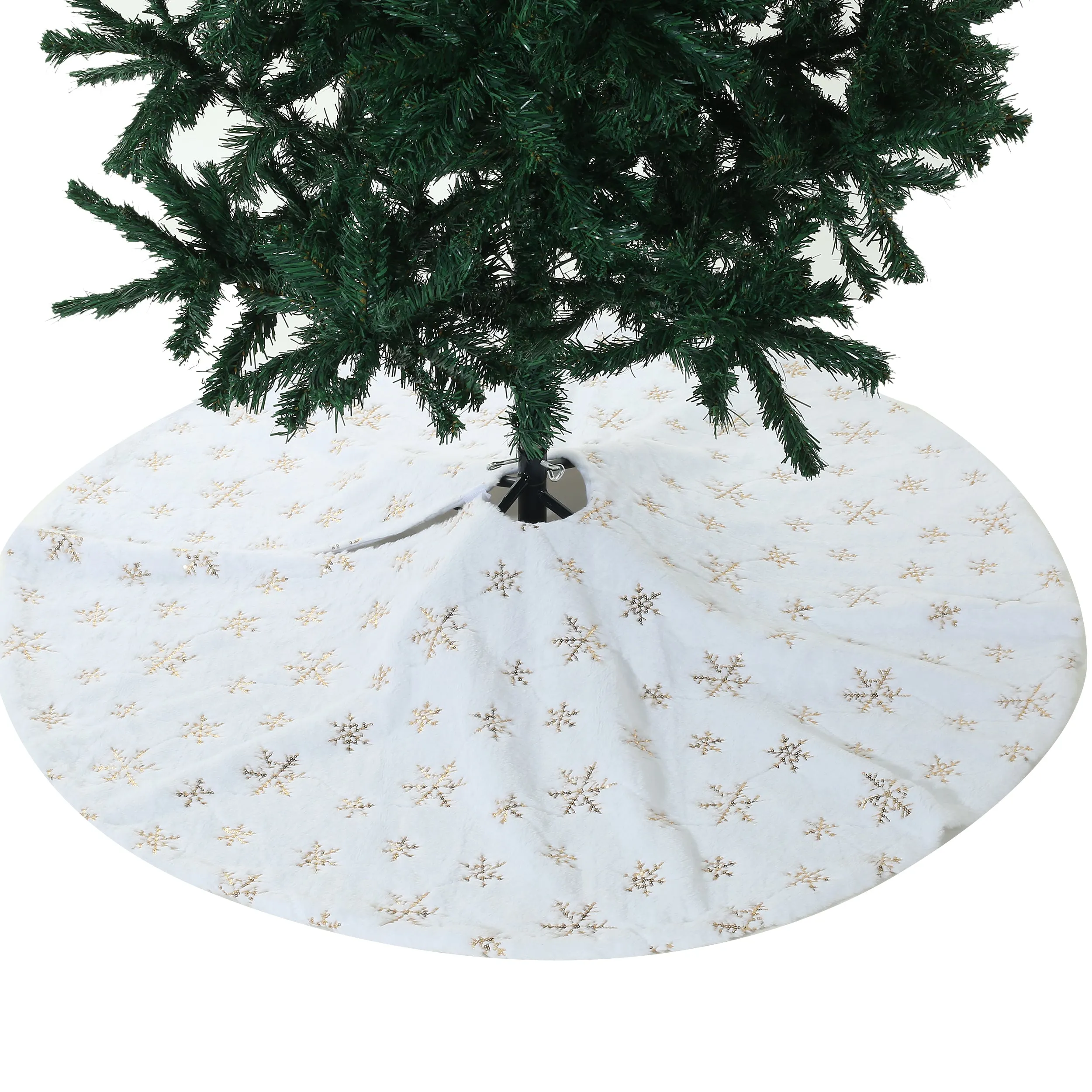 48 Inch Large White Chritsmas Tree Skirt with Gold Snowflake