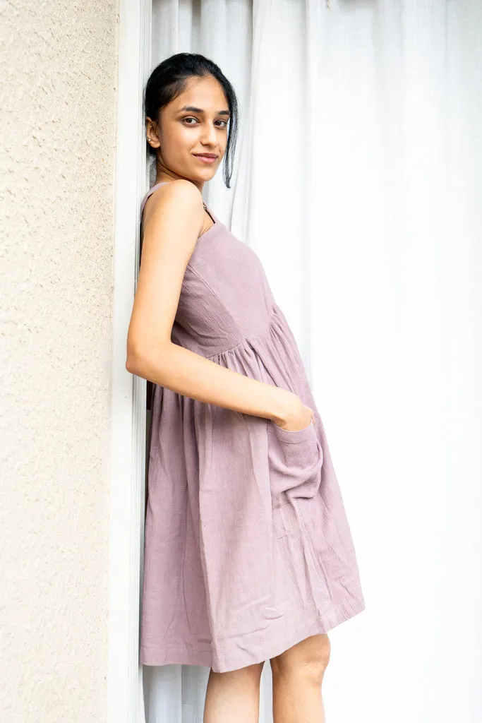 Aadya Moda Women's Kala Cotton Purple Gathered Midi Dress