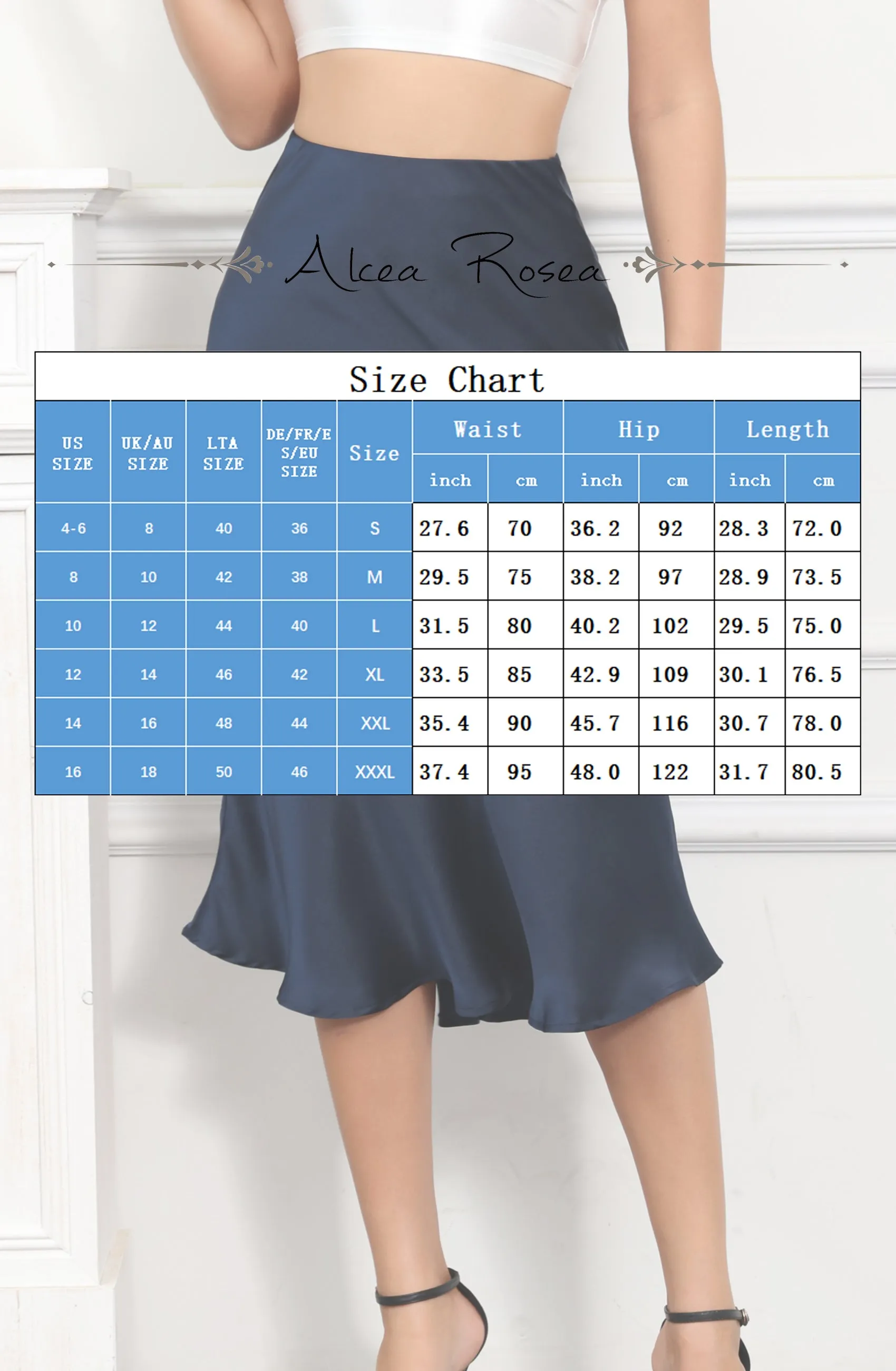 ALCEA ROSEA Womens Midi Satin Silky Skirt Elastic High Waisted A-line Elegant Wedding Skirts Navy AR7302