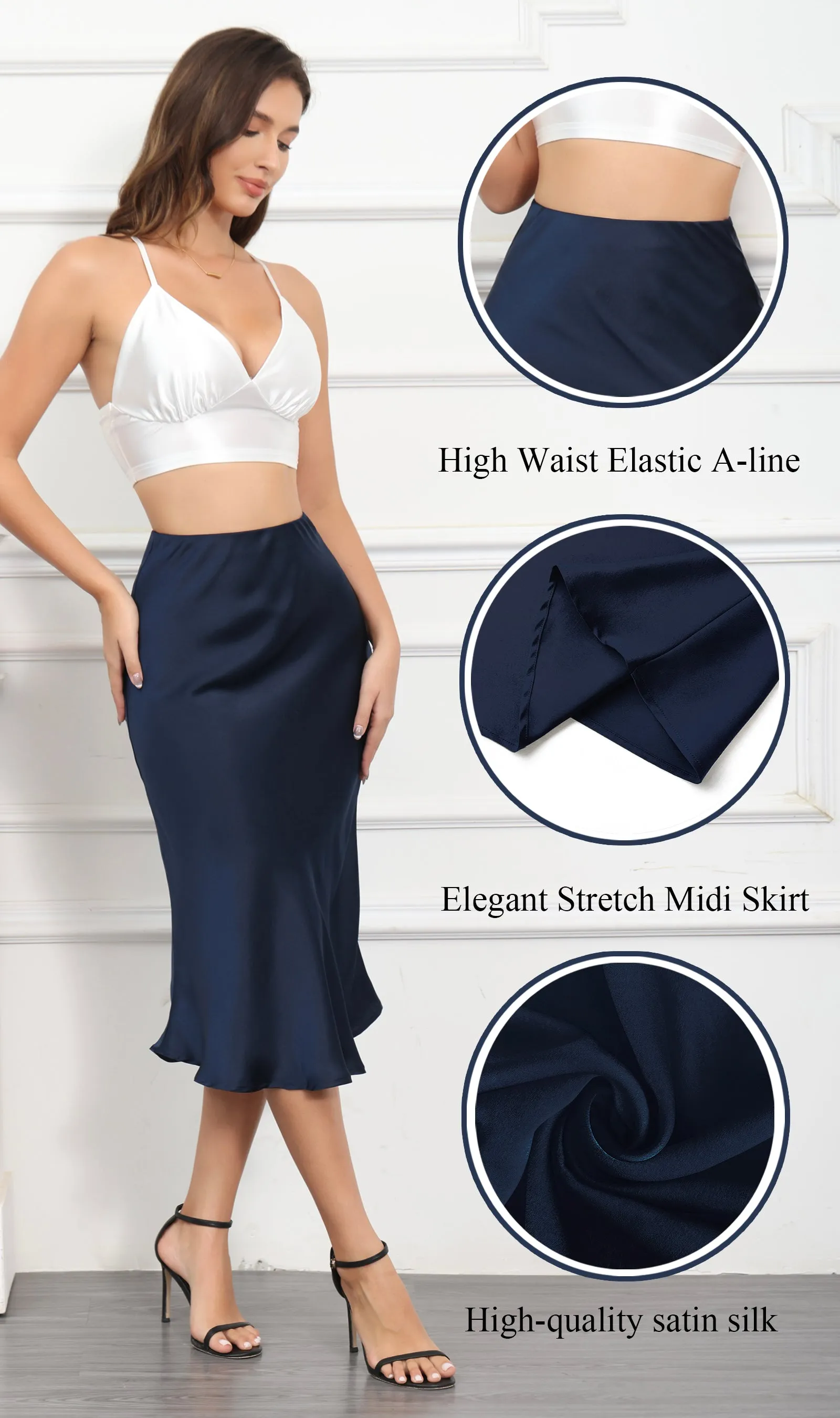 ALCEA ROSEA Womens Midi Satin Silky Skirt Elastic High Waisted A-line Elegant Wedding Skirts Navy AR7302