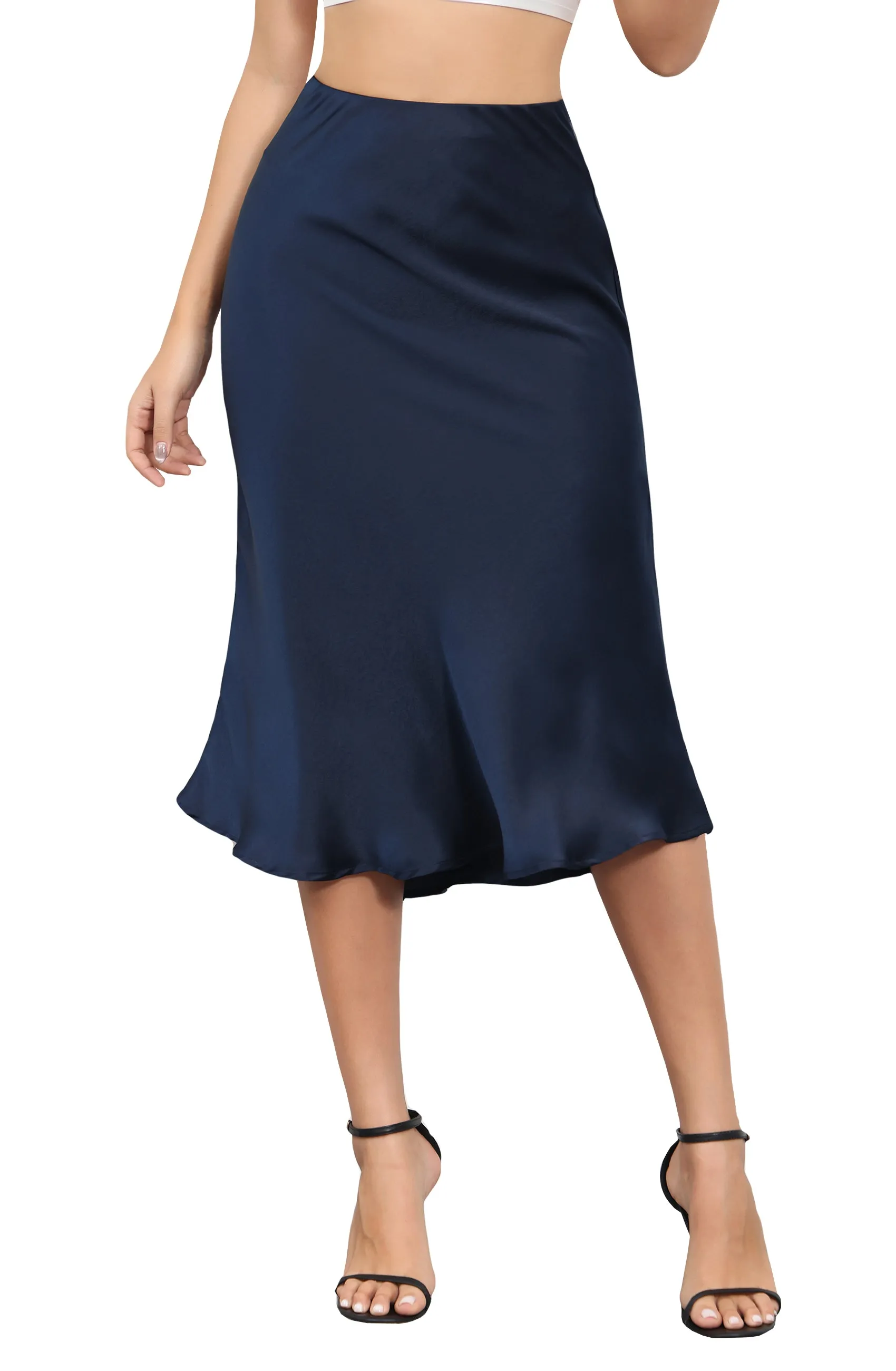 ALCEA ROSEA Womens Midi Satin Silky Skirt Elastic High Waisted A-line Elegant Wedding Skirts Navy AR7302