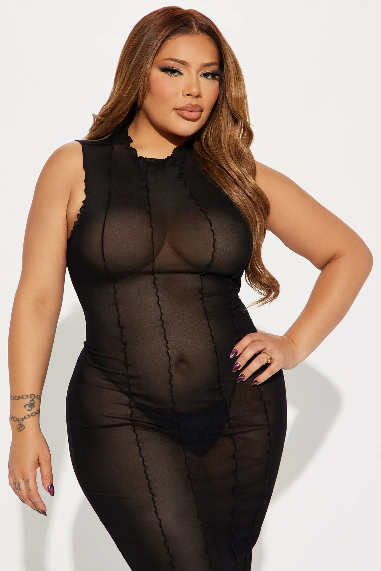 Amaya Mesh Midi Dress - Black