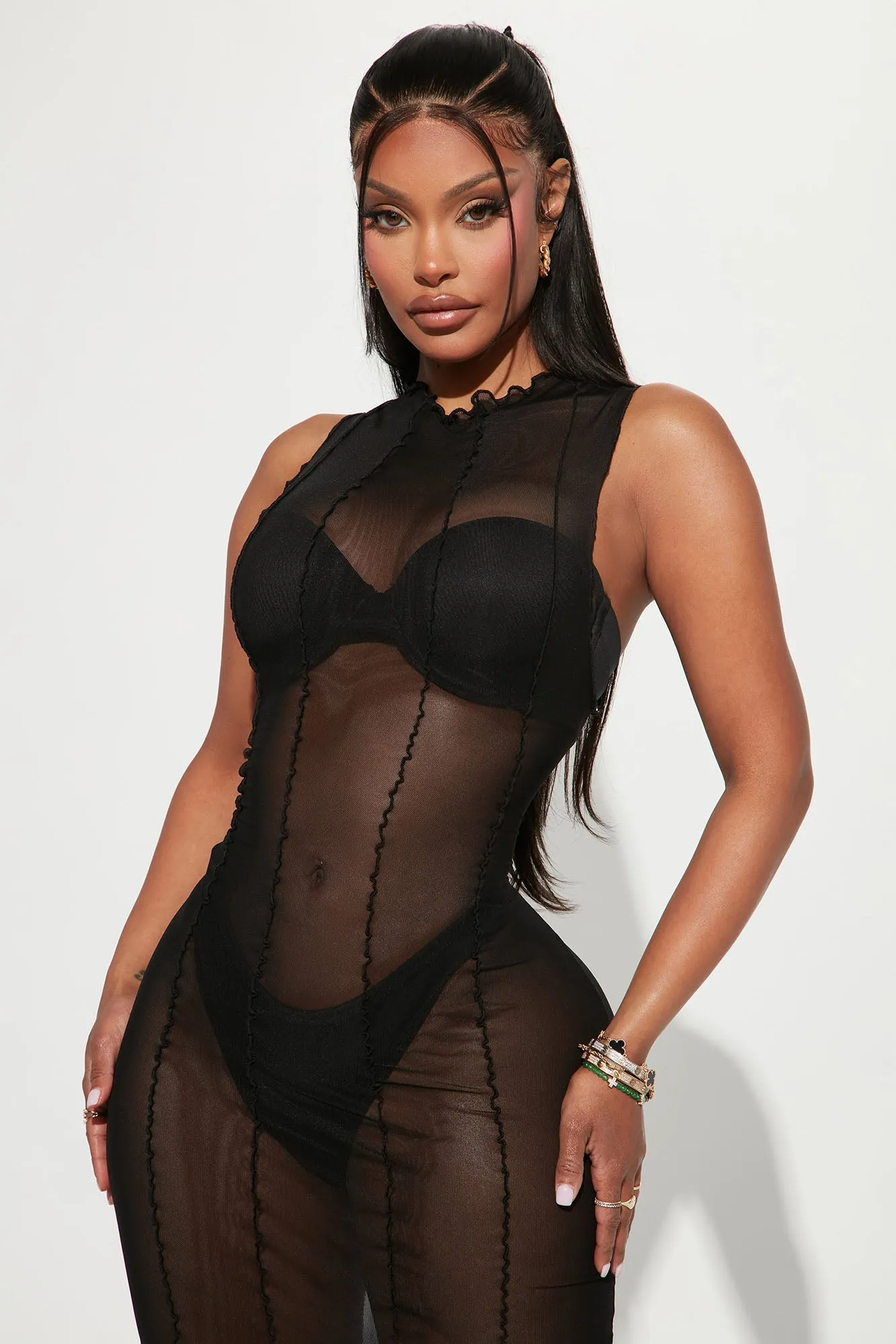 Amaya Mesh Midi Dress - Black
