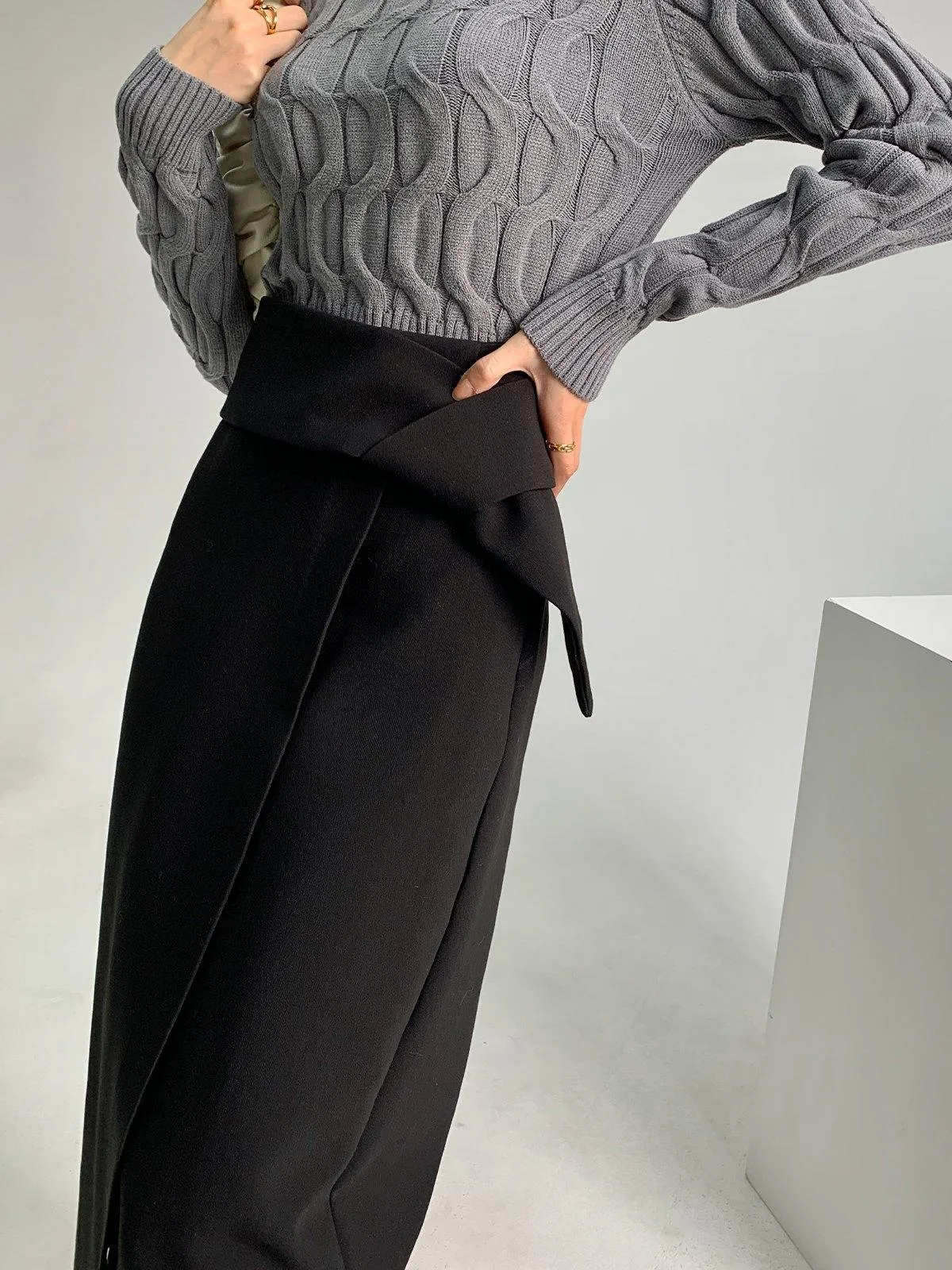 Asymmetric Wrap Midi Skirt - Black