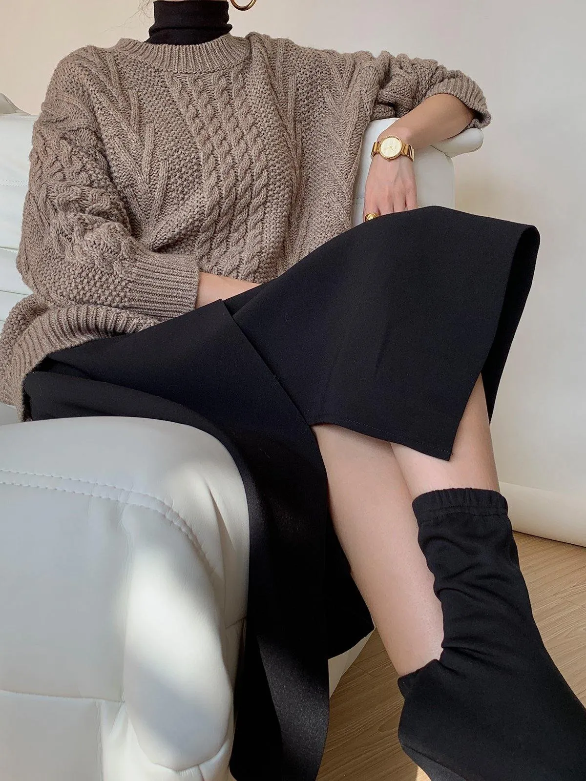 Asymmetric Wrap Midi Skirt - Black