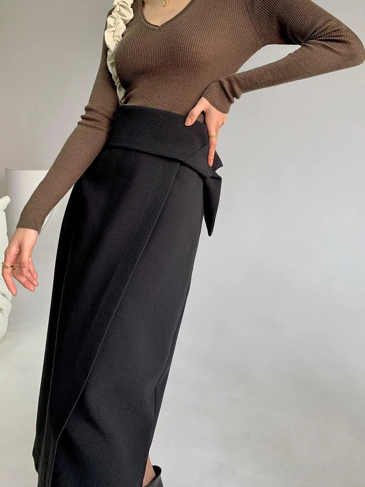 Asymmetric Wrap Midi Skirt - Black