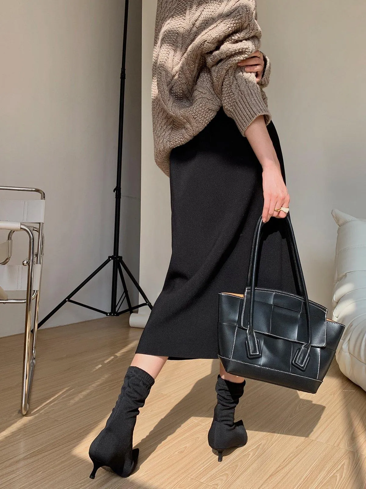 Asymmetric Wrap Midi Skirt - Black