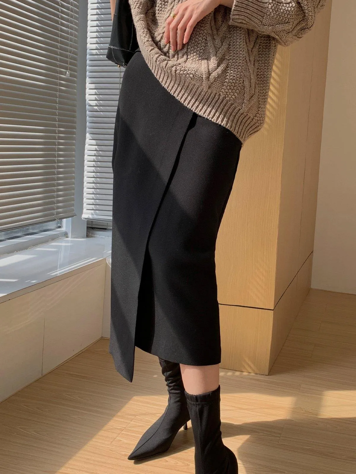 Asymmetric Wrap Midi Skirt - Black