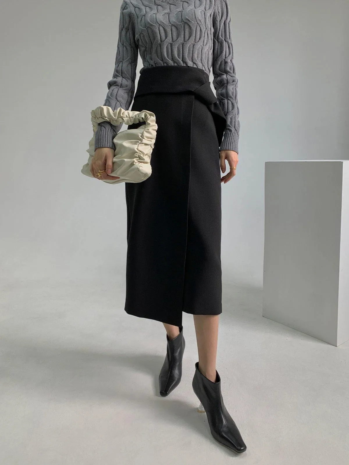 Asymmetric Wrap Midi Skirt - Black