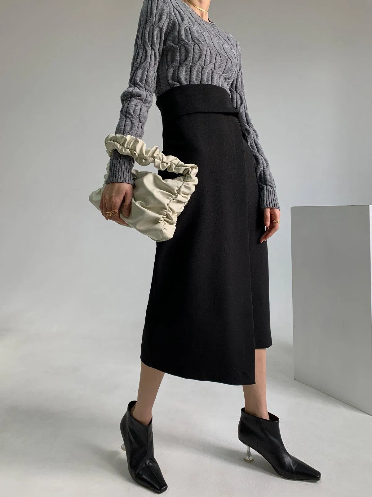 Asymmetric Wrap Midi Skirt - Black