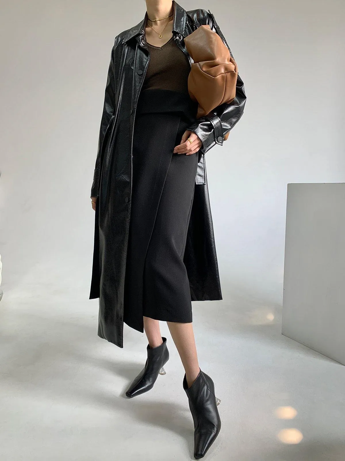 Asymmetric Wrap Midi Skirt - Black