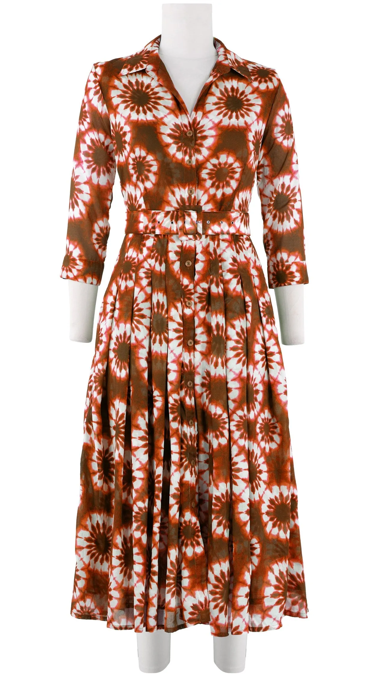 Audrey Dress #4 Shirt Collar 3/4 Sleeve Midi Length Cotton Musola (Shibori Snowflake)