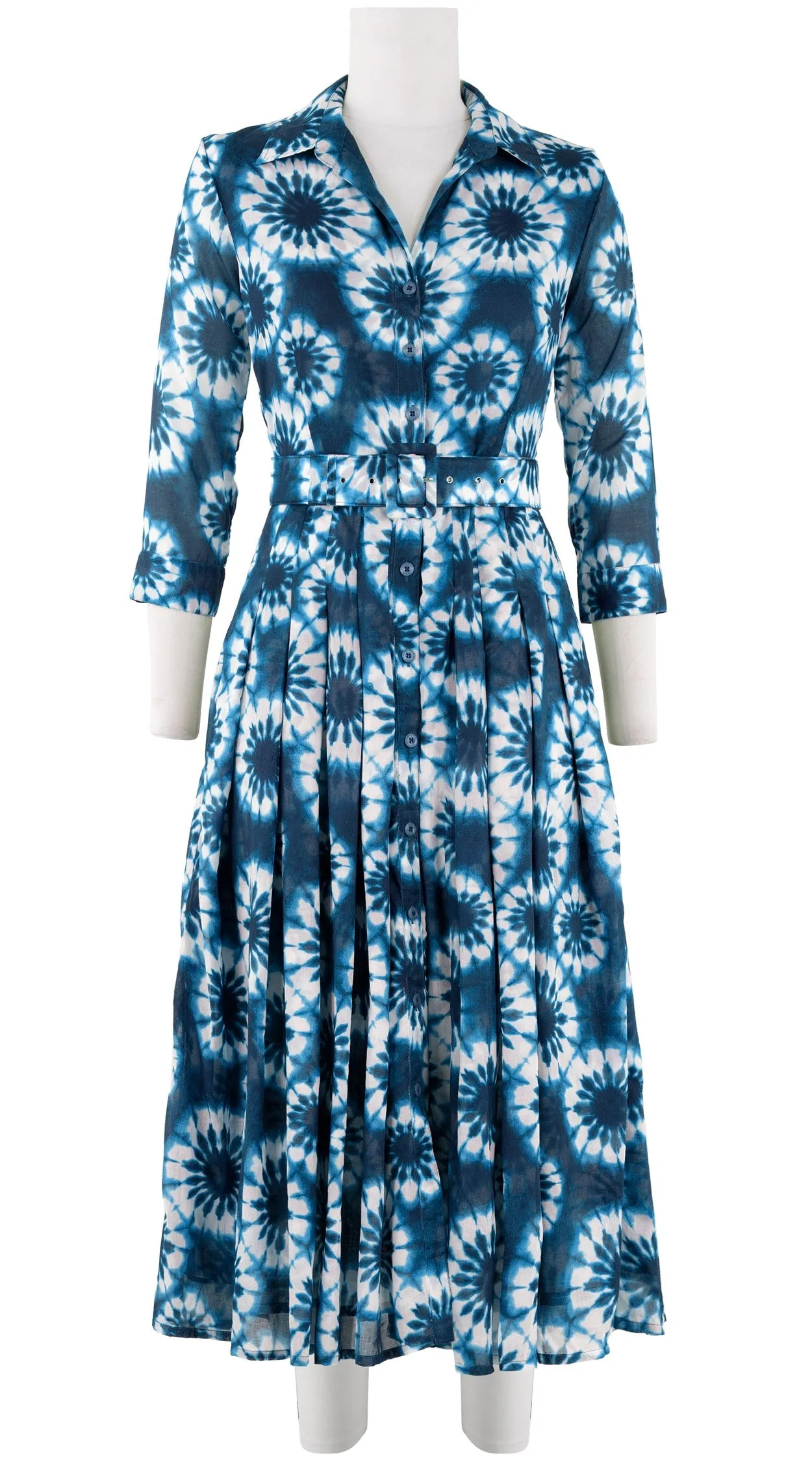 Audrey Dress #4 Shirt Collar 3/4 Sleeve Midi Length Cotton Musola (Shibori Snowflake)