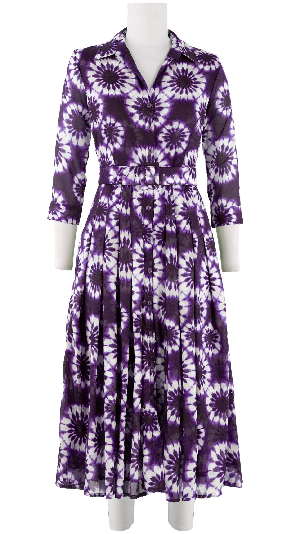 Audrey Dress #4 Shirt Collar 3/4 Sleeve Midi Length Cotton Musola (Shibori Snowflake)