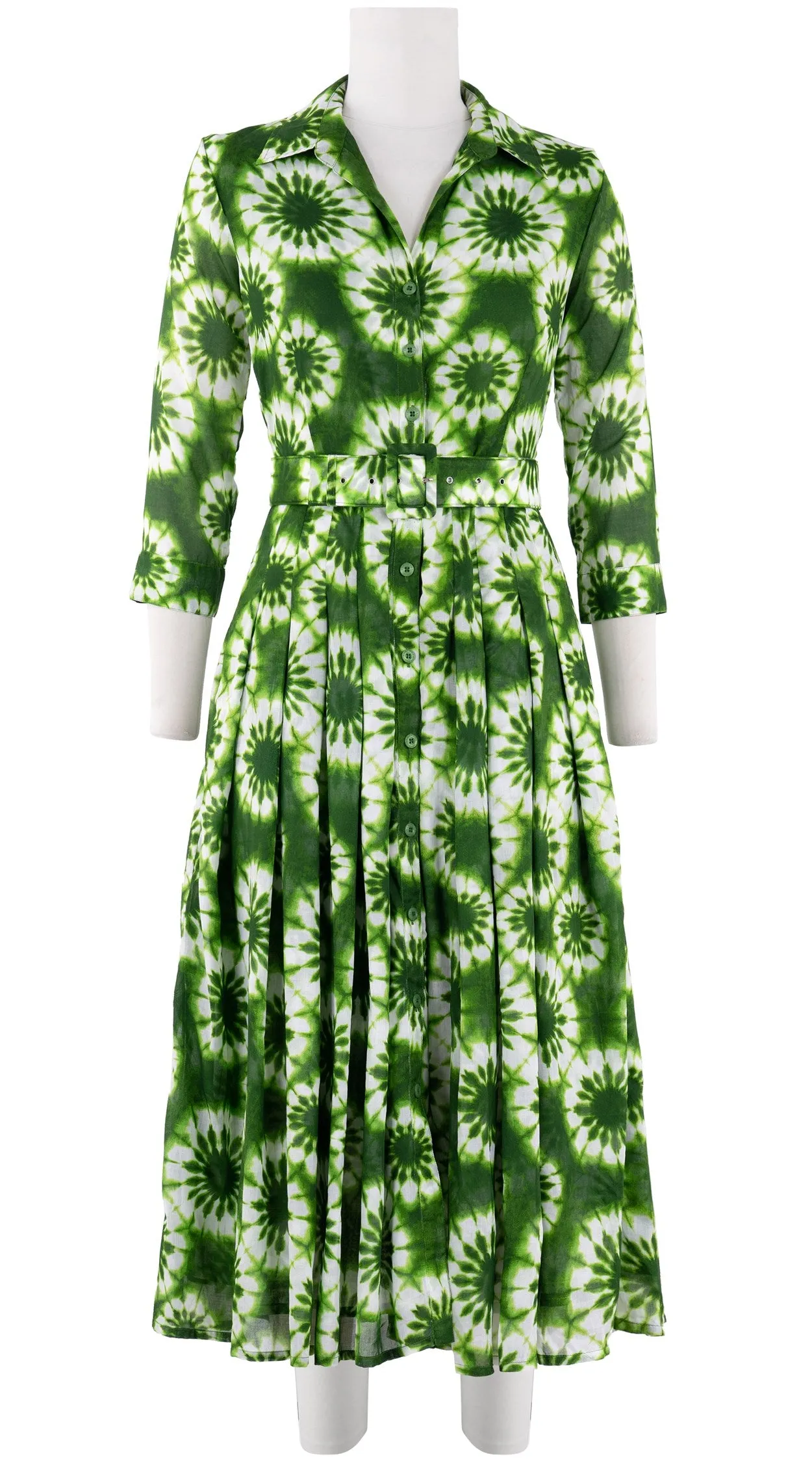 Audrey Dress #4 Shirt Collar 3/4 Sleeve Midi Length Cotton Musola (Shibori Snowflake)