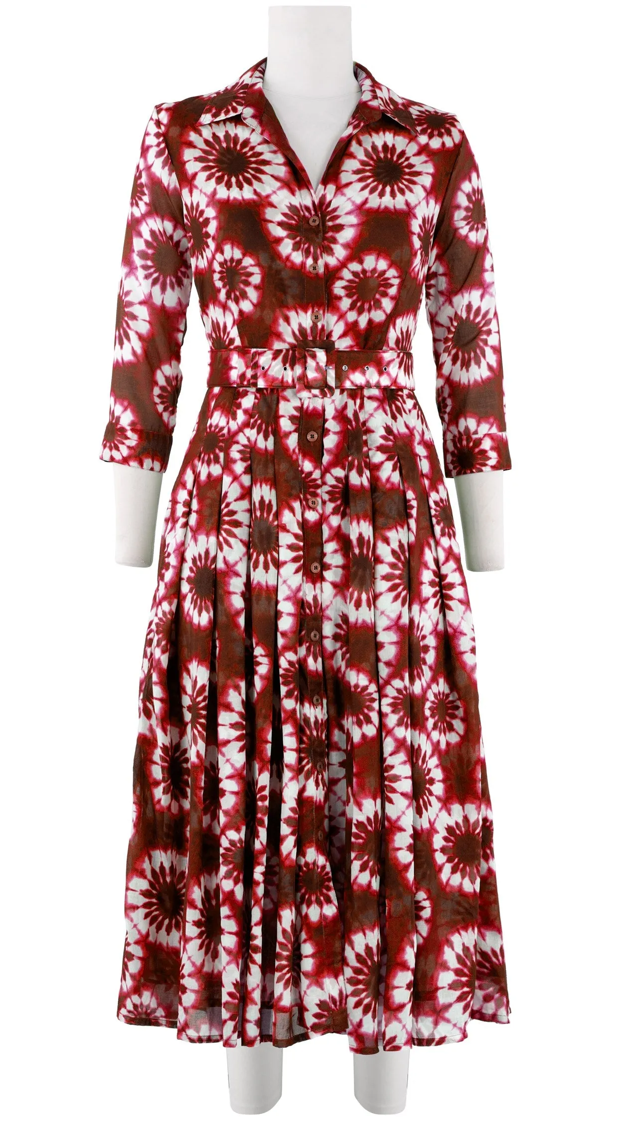 Audrey Dress #4 Shirt Collar 3/4 Sleeve Midi Length Cotton Musola (Shibori Snowflake)