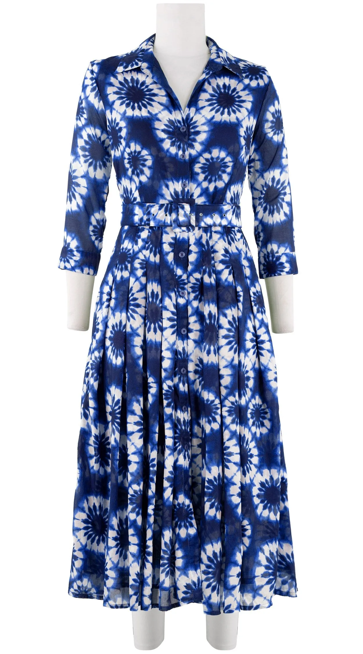 Audrey Dress #4 Shirt Collar 3/4 Sleeve Midi Length Cotton Musola (Shibori Snowflake)