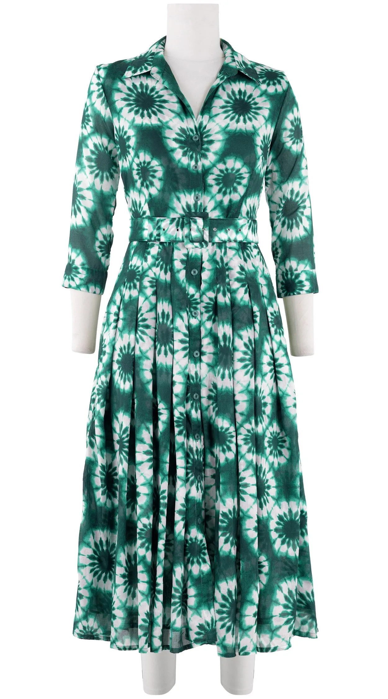 Audrey Dress #4 Shirt Collar 3/4 Sleeve Midi Length Cotton Musola (Shibori Snowflake)