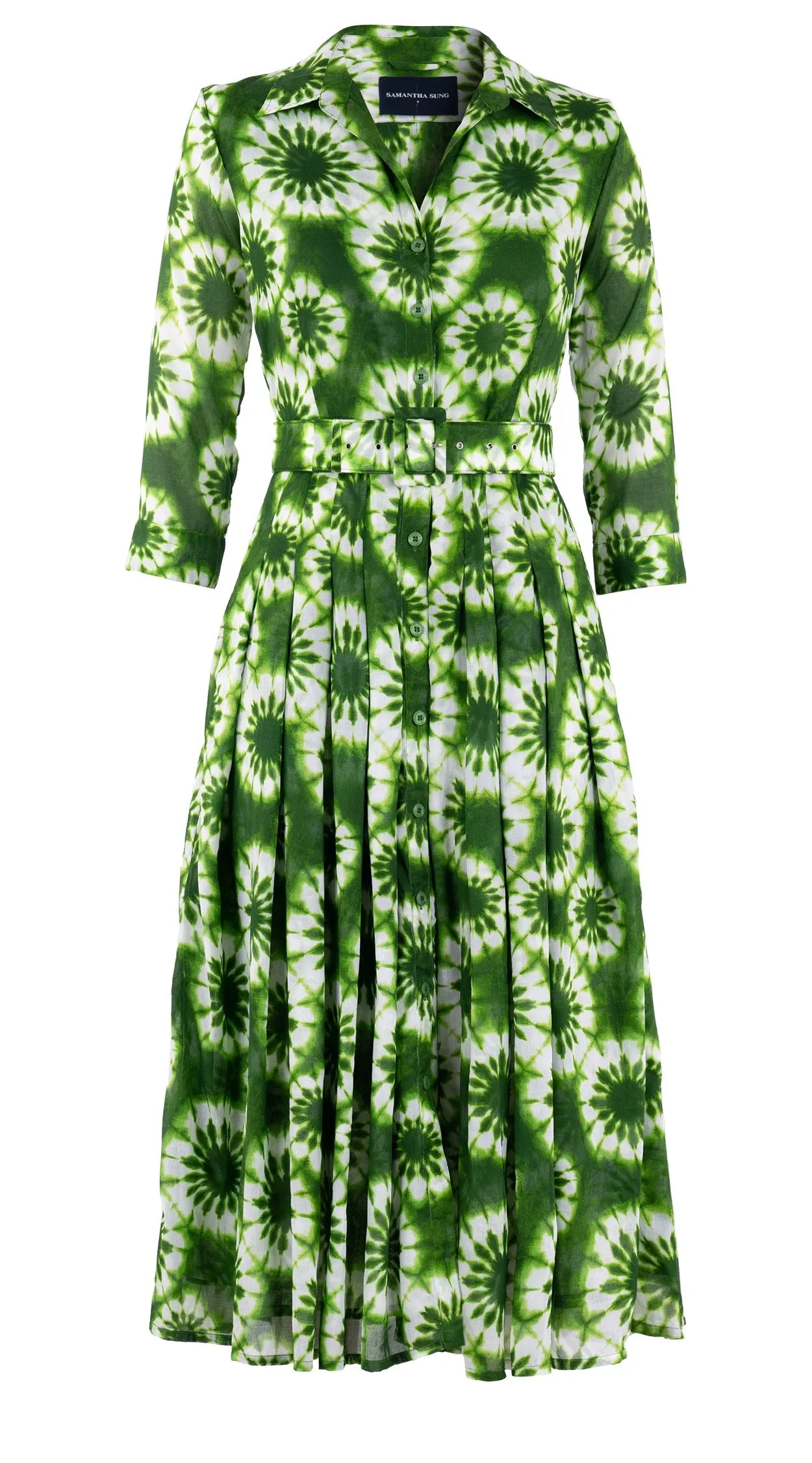 Audrey Dress #4 Shirt Collar 3/4 Sleeve Midi Length Cotton Musola (Shibori Snowflake)