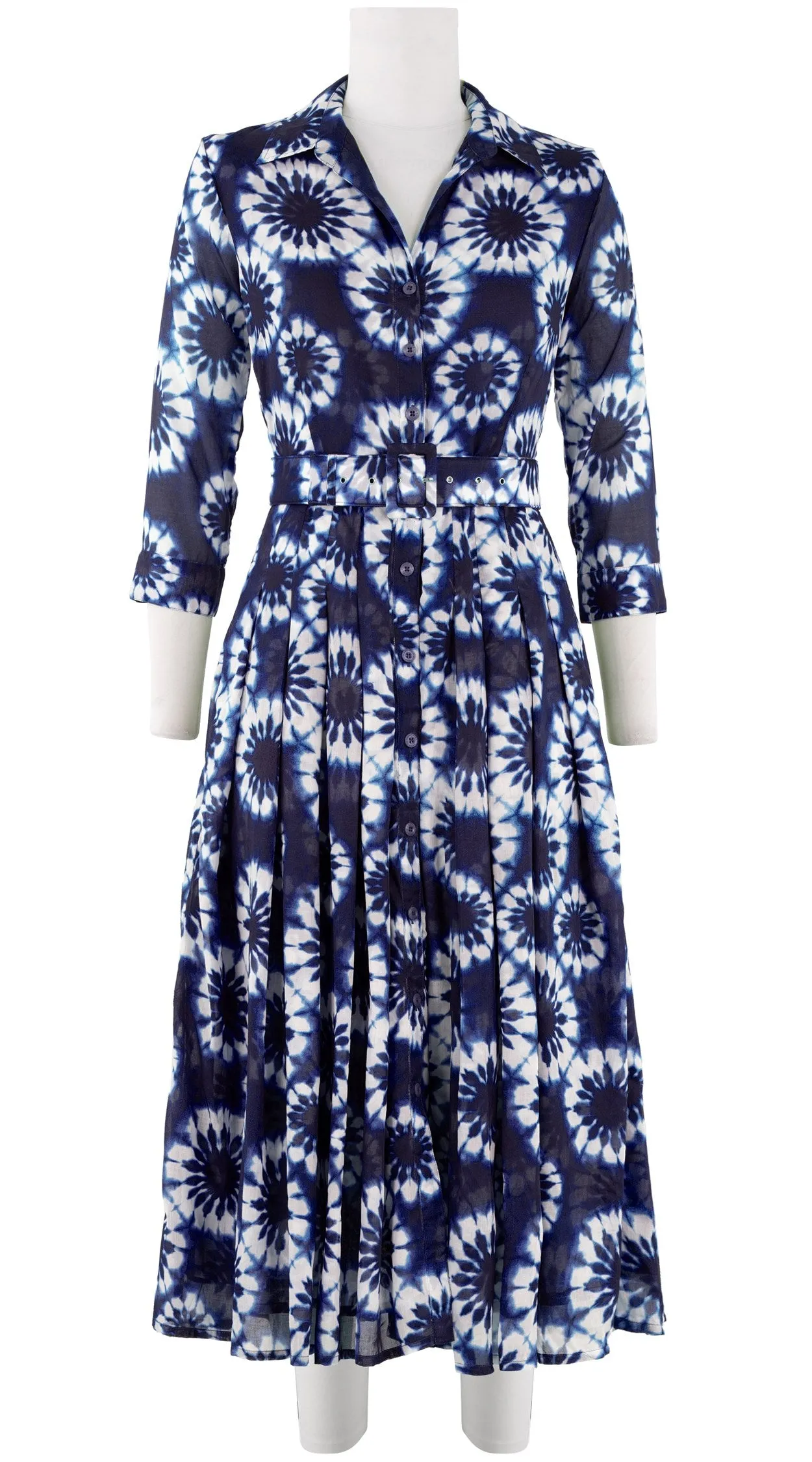 Audrey Dress #4 Shirt Collar 3/4 Sleeve Midi Length Cotton Musola (Shibori Snowflake)