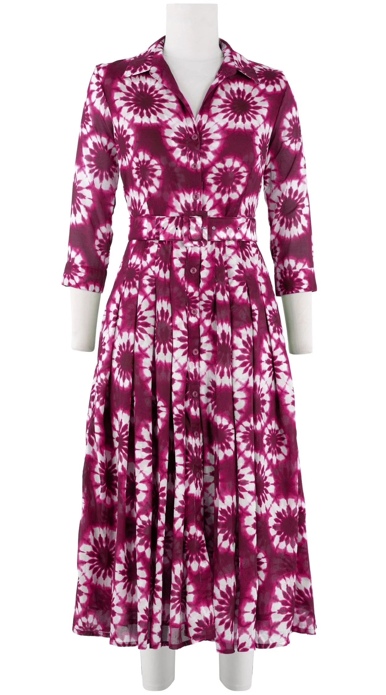 Audrey Dress #4 Shirt Collar 3/4 Sleeve Midi Length Cotton Musola (Shibori Snowflake)