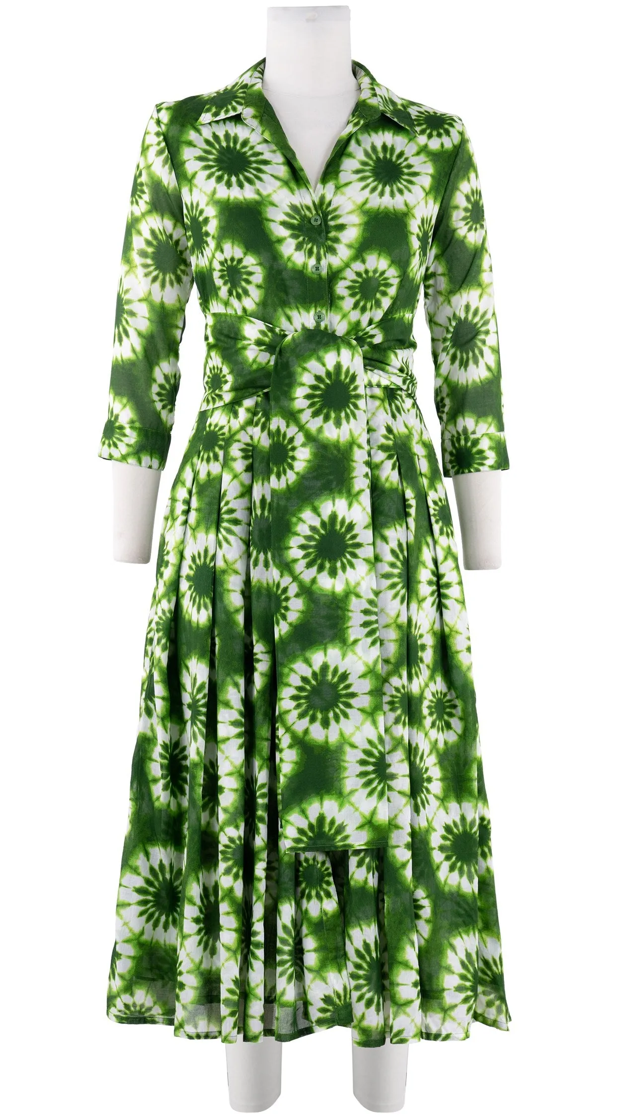 Audrey Dress #4 Shirt Collar 3/4 Sleeve Midi Length Cotton Musola (Shibori Snowflake)
