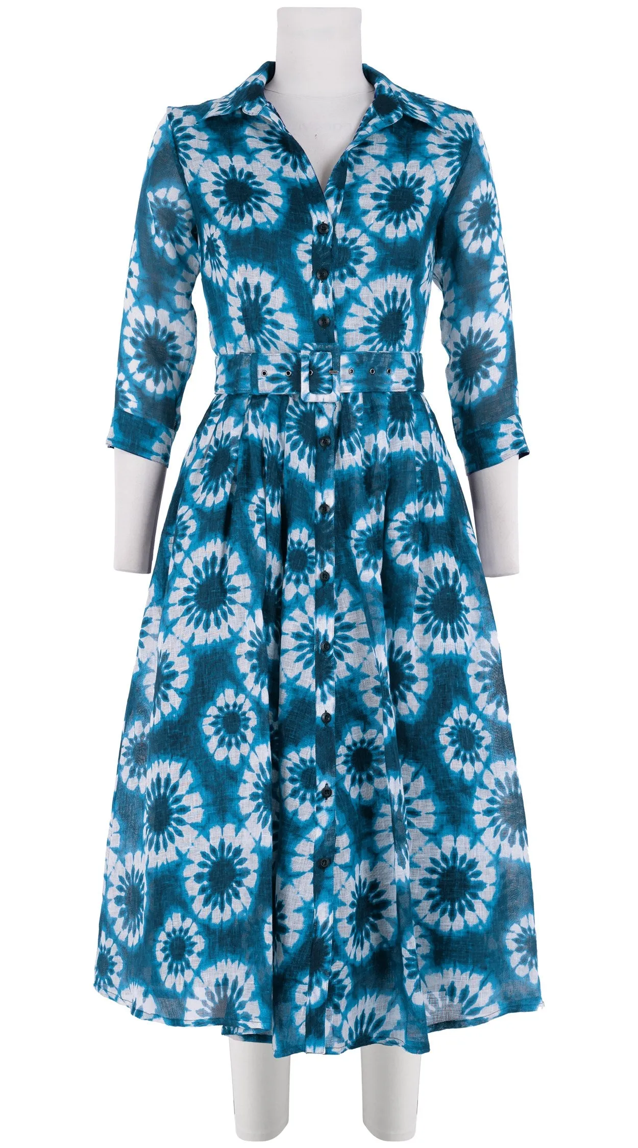 Audrey Dress #4 Shirt Collar 3/4 Sleeve Midi Length Linen (Shibori Snowflake)