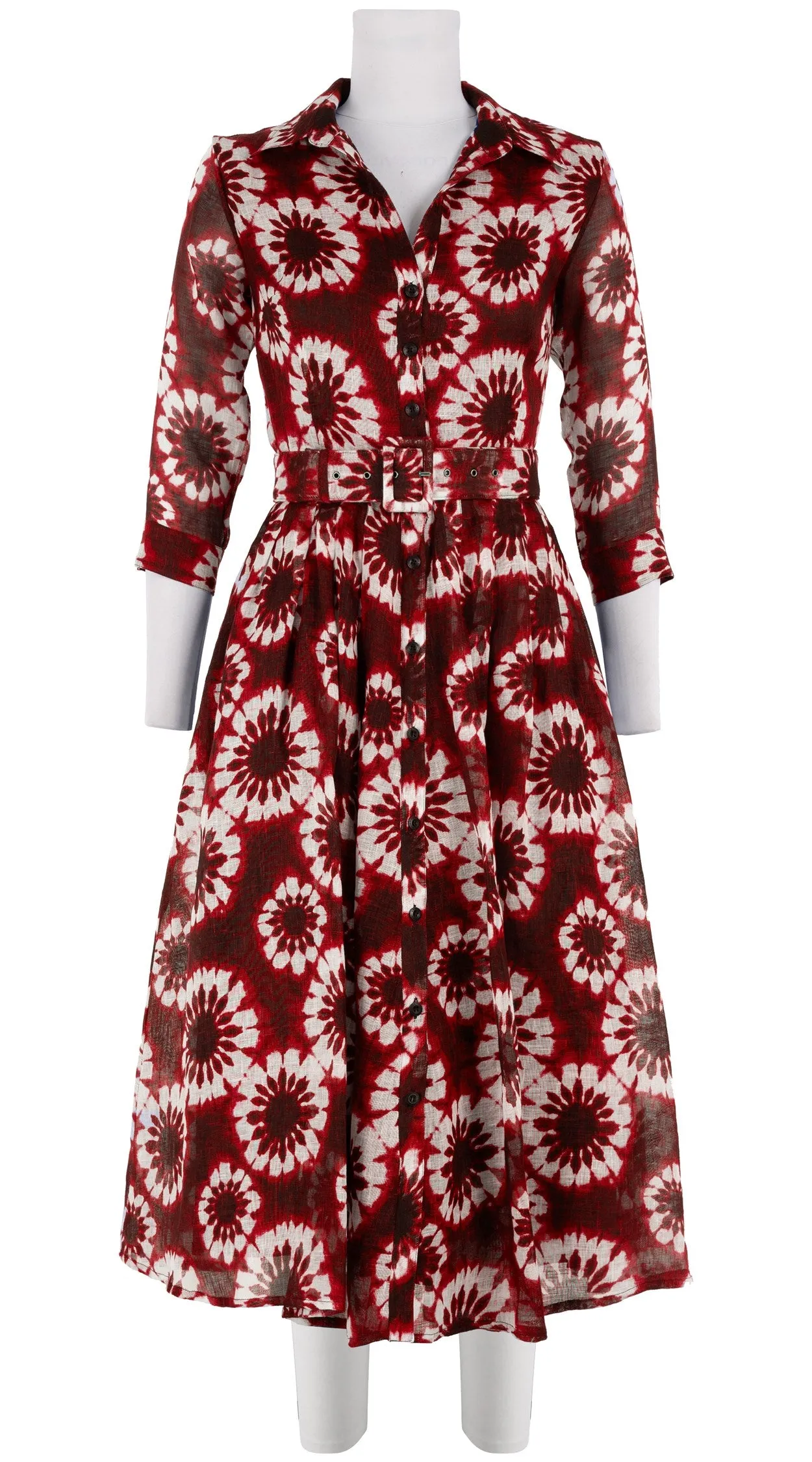 Audrey Dress #4 Shirt Collar 3/4 Sleeve Midi Length Linen (Shibori Snowflake)