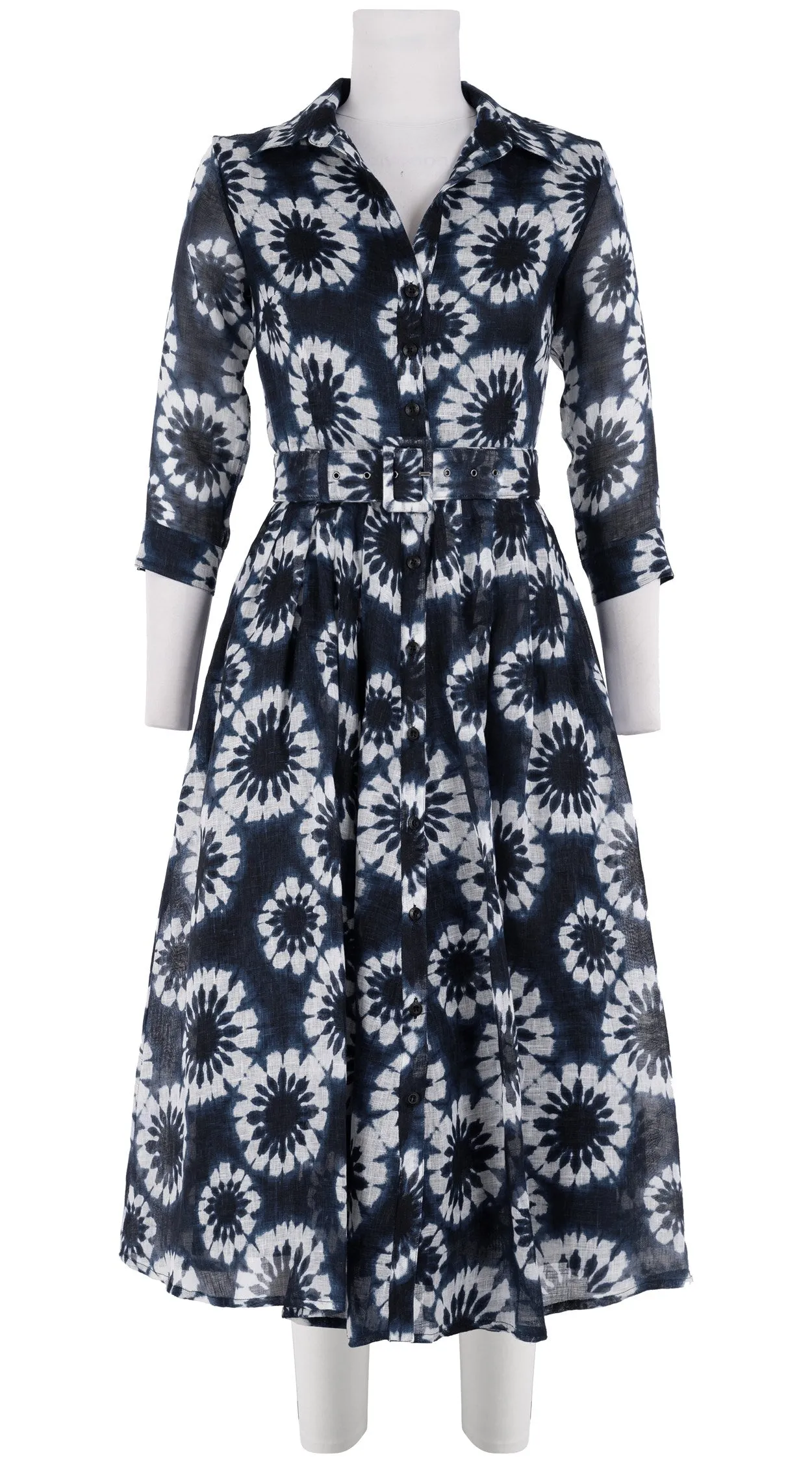 Audrey Dress #4 Shirt Collar 3/4 Sleeve Midi Length Linen (Shibori Snowflake)
