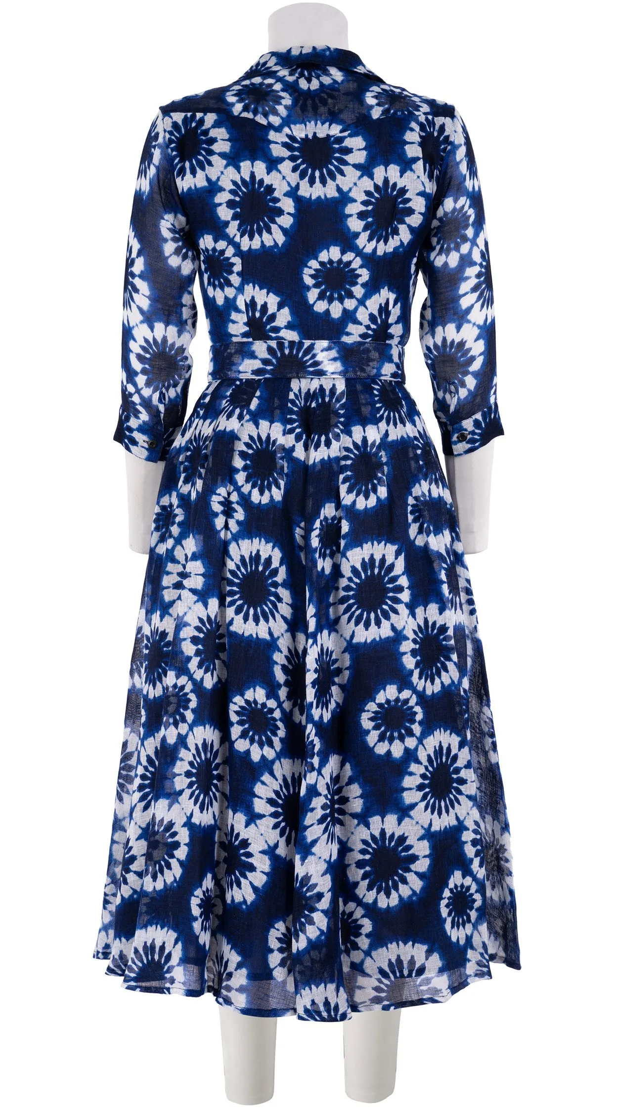 Audrey Dress #4 Shirt Collar 3/4 Sleeve Midi Length Linen (Shibori Snowflake)