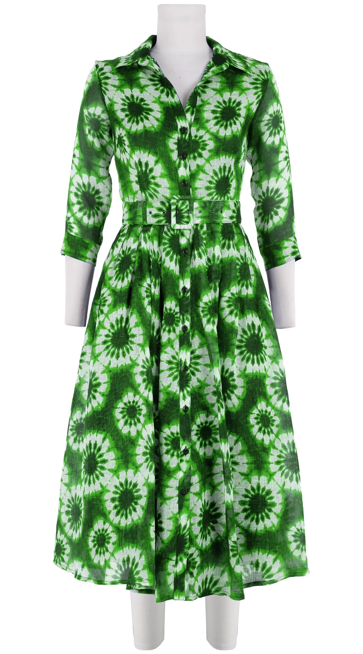 Audrey Dress #4 Shirt Collar 3/4 Sleeve Midi Length Linen (Shibori Snowflake)