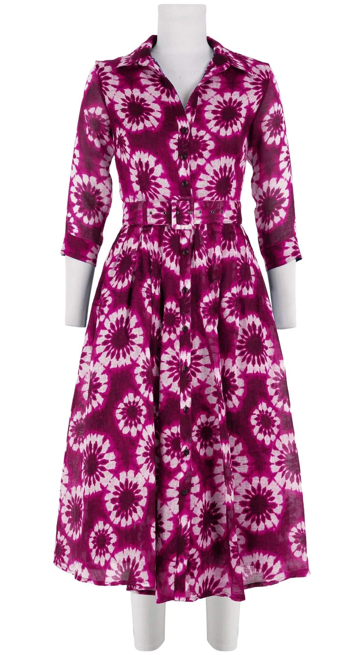 Audrey Dress #4 Shirt Collar 3/4 Sleeve Midi Length Linen (Shibori Snowflake)