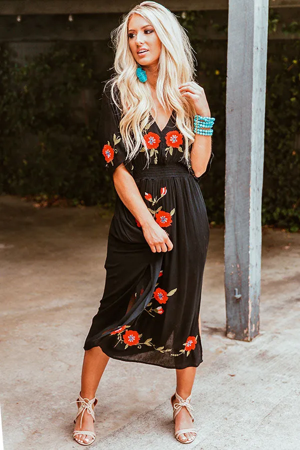 Barefoot On The Beach Embroidered Midi in Black