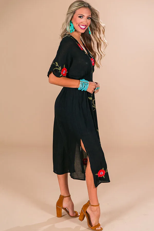 Barefoot On The Beach Embroidered Midi in Black