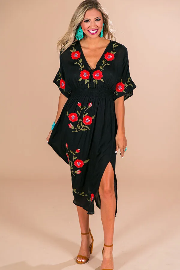 Barefoot On The Beach Embroidered Midi in Black