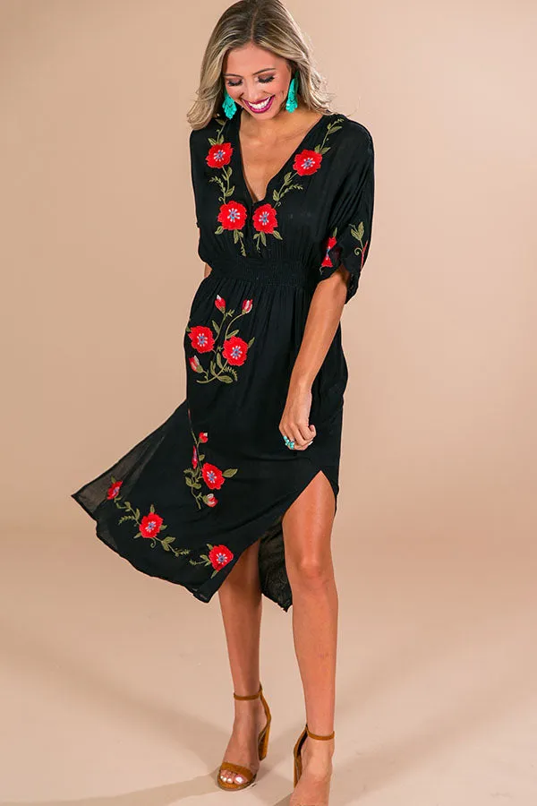 Barefoot On The Beach Embroidered Midi in Black