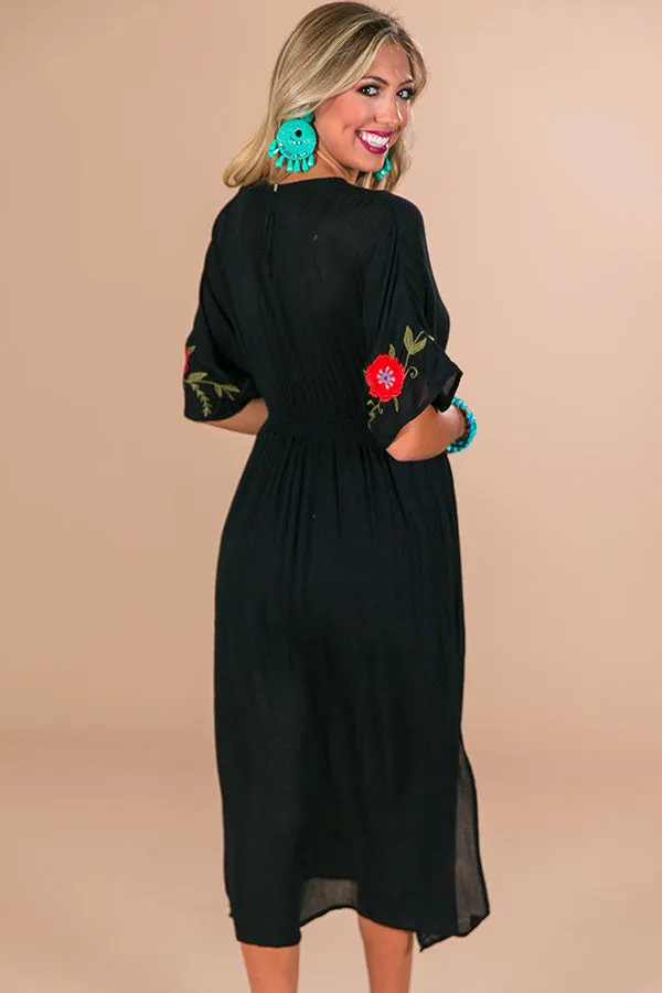 Barefoot On The Beach Embroidered Midi in Black