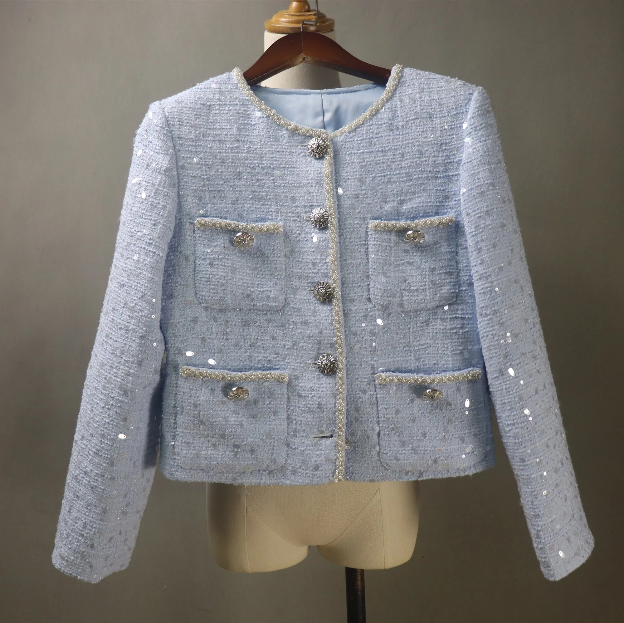 Bespoke Blue Tweed Skirt Suit with Big Sequins