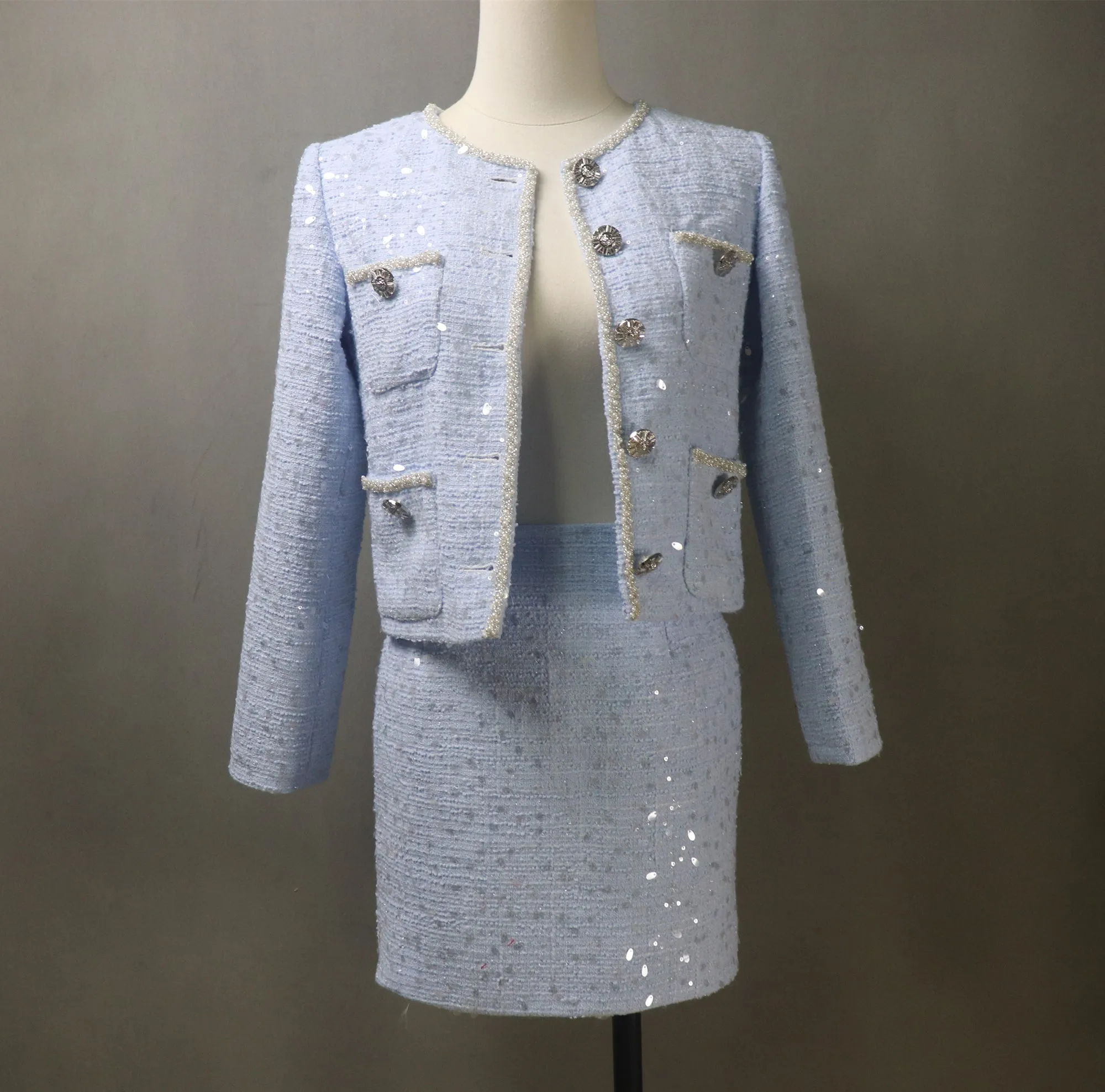 Bespoke Blue Tweed Skirt Suit with Big Sequins
