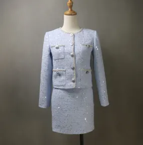 Bespoke Blue Tweed Skirt Suit with Big Sequins