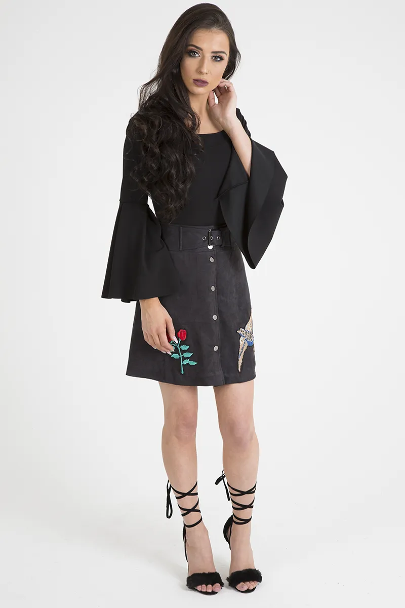 Black Bardot Bell Sleeve Bodysuit - Evelyn