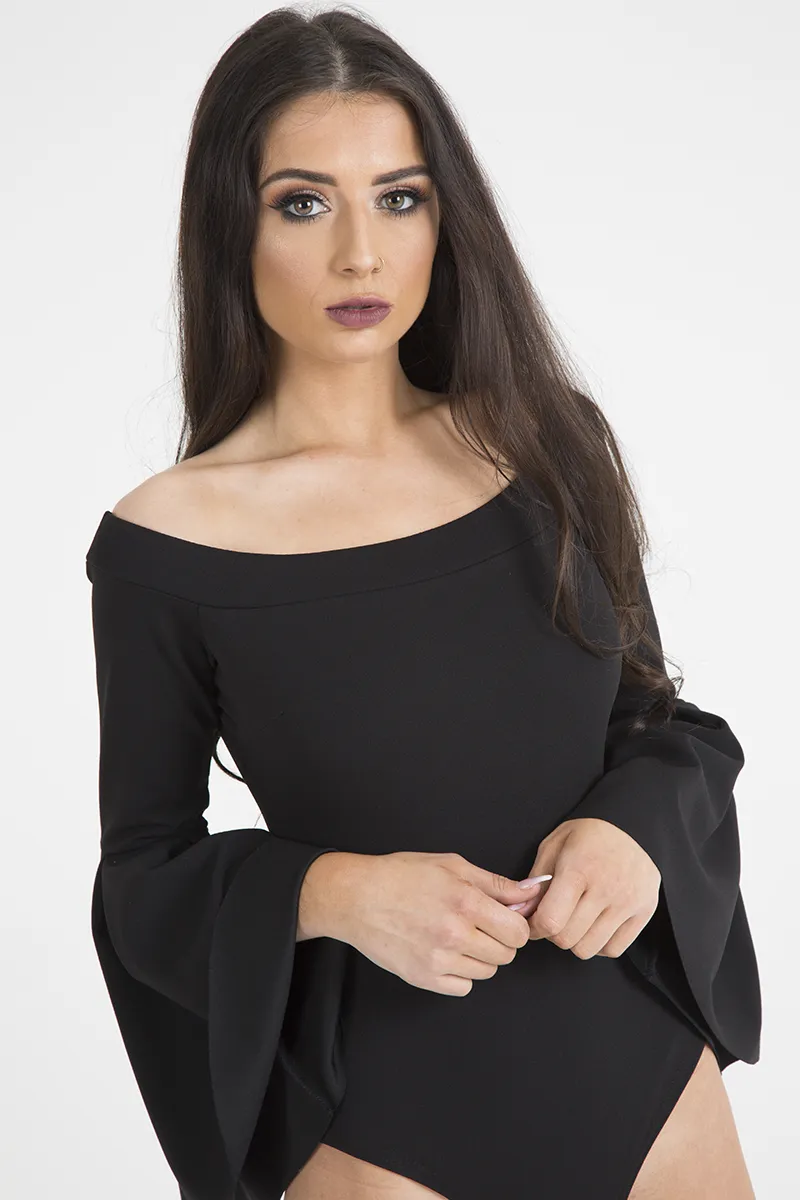 Black Bardot Bell Sleeve Bodysuit - Evelyn