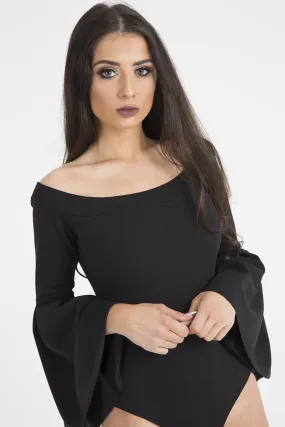 Black Bardot Bell Sleeve Bodysuit - Evelyn