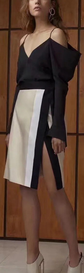 Black Cold-Shoulder Top & Asymmetric Skirt Set