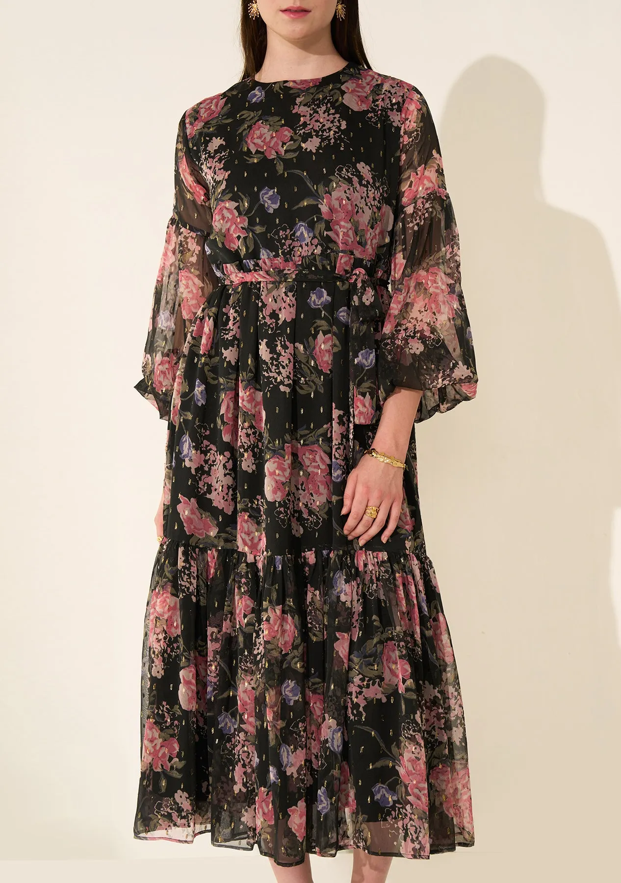 Black Georgette Floral Women's Midi Dress