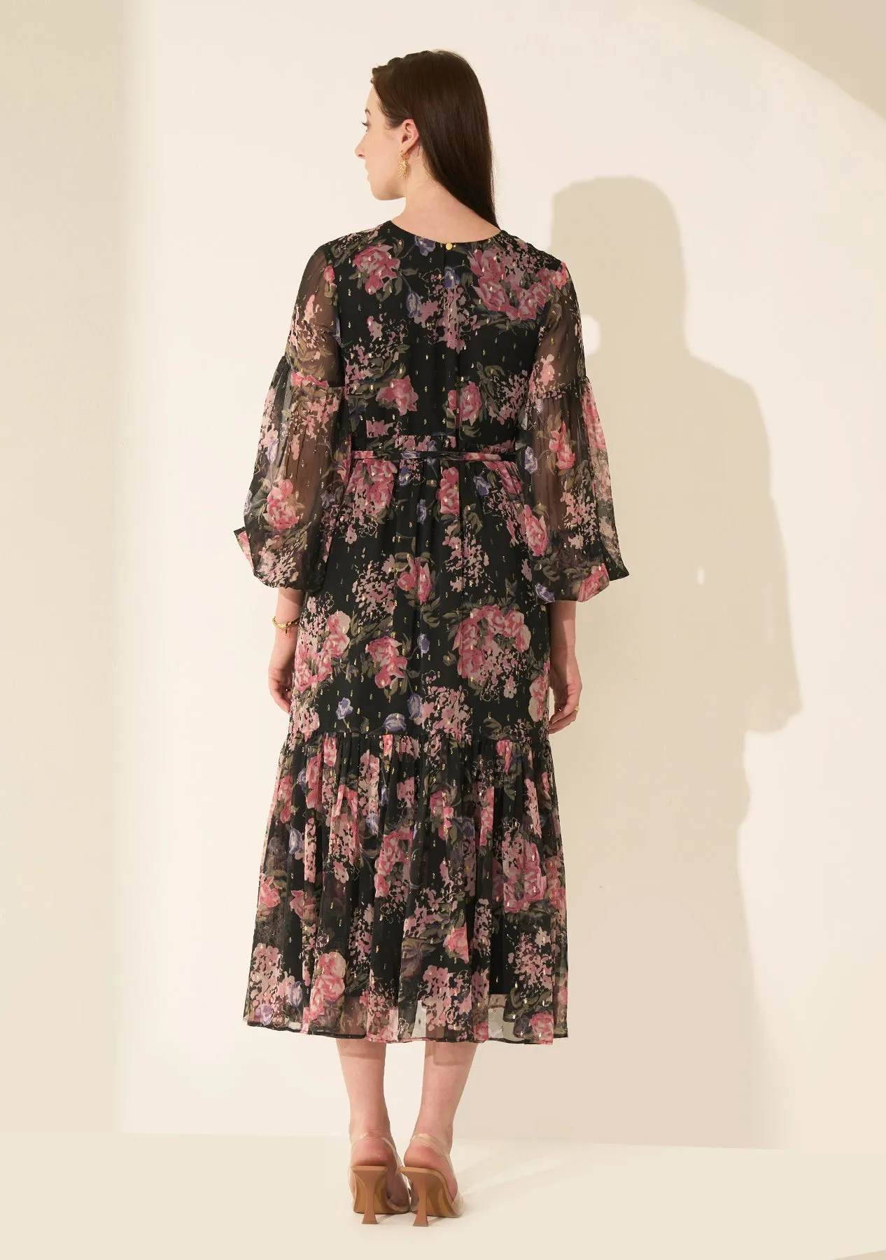 Black Georgette Floral Women's Midi Dress