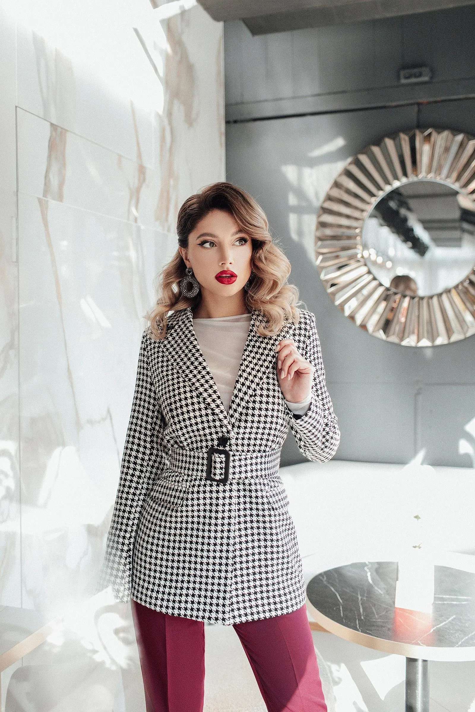Black Houndstooth Belted Slim-Fit Blazer